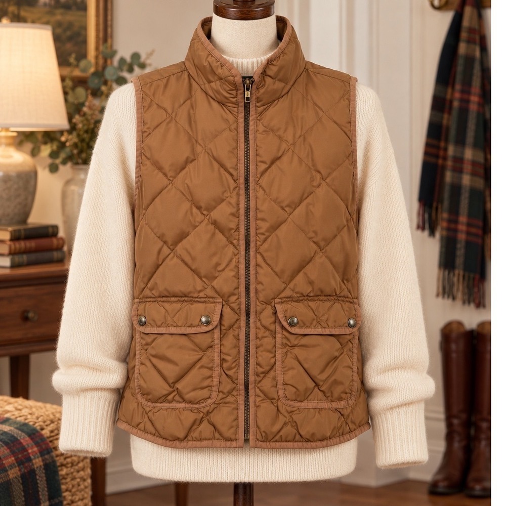 J.Crew Camel Tan Quilted Down Puffer Vest Small Equestrian Utility